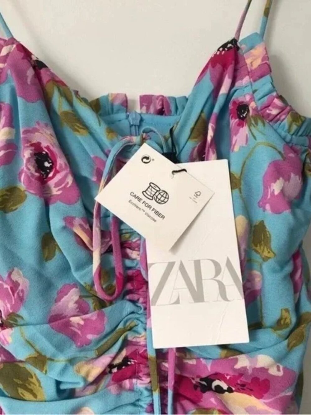 NWT Zara Mini Dress Turquoise Pink Flowers Spaghetti Straps Gathered Zip Size XS